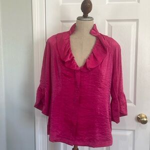 Vintage Berek bell sleeve metallic pink full zipper jacket top ruffles women M